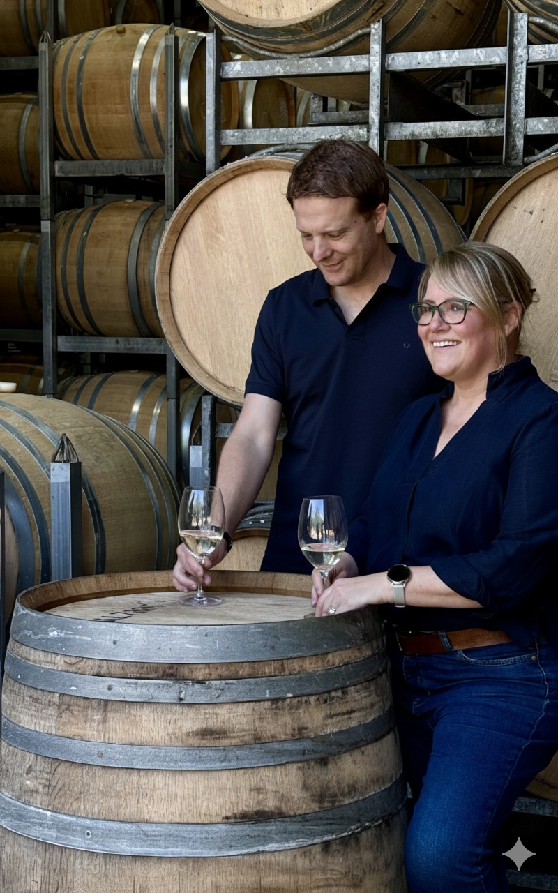 Two people tasting wine in a winery with wooden barrels in the background